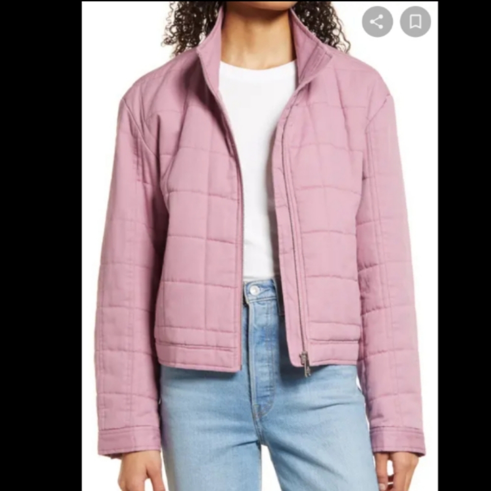NWT Sam Edelman Pink Denim look Quilted Puffer Jacket Size L.
